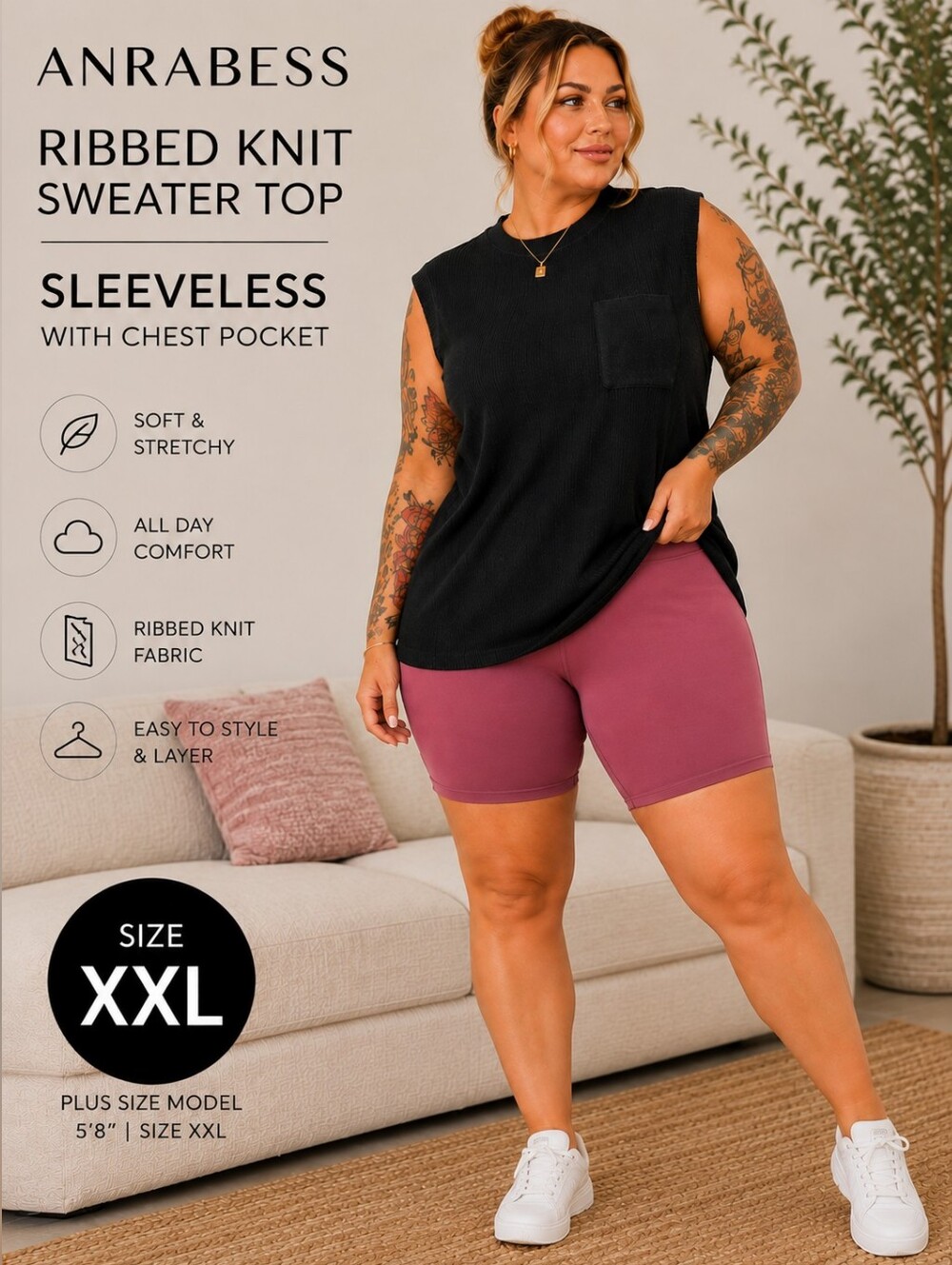 NWT ANRABESS XXL Black Ribbed Knit Sleeveless Sweater Top Pocket Plus Size 2x